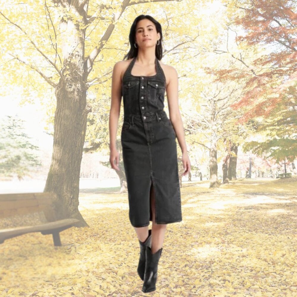 NWT - Universal Thread Denim Midi Halter Jumper Dress - Black